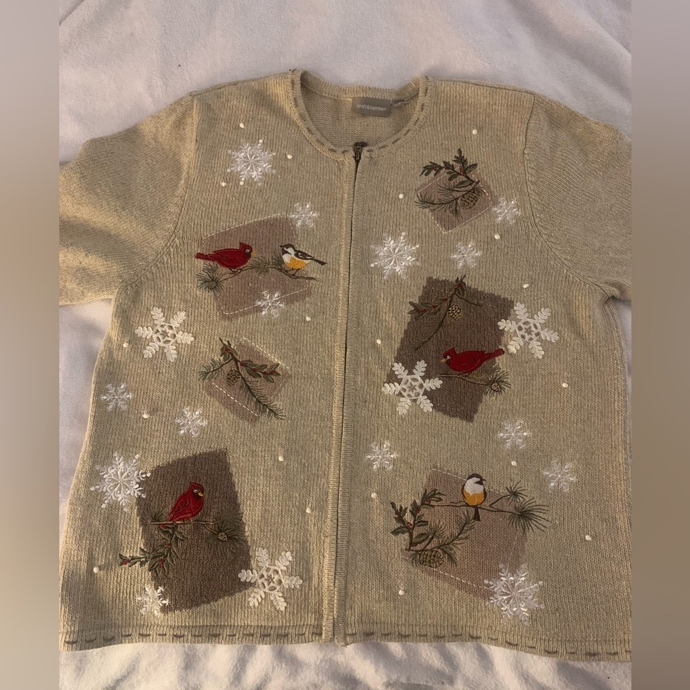 Croft & Barrow Embroidered Cardinal Winter Zip Cardigan Silk Blend Patchwork XL - Picture 11 of 16
